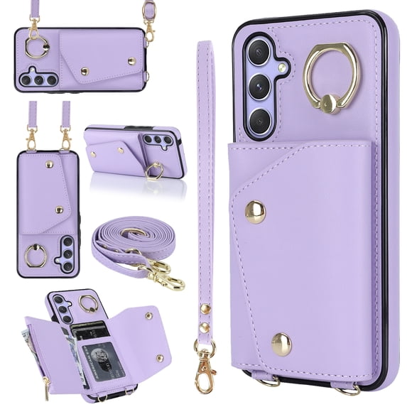Allytechgroup Wallet Case for Samsung Galaxy A54 5G, RFID Blocking Crossbody Shoulder Strap Hand Wrist Cards Holder Ring Stand Bumper Drop Protection Phone Case for Girls Women, Purple