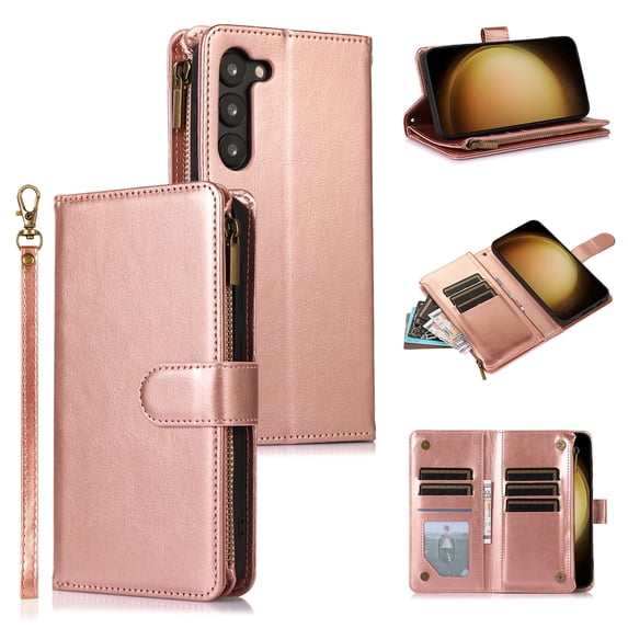 Allytechgroup Wallet Case for Samsung Galaxy A56 5G, Zipper Clutch Phone Case with Card Slots, Cash Pocket, Wrist Strap, Kickstand Stand Function, Magnetic Closure Flip Cover,Rosegold
