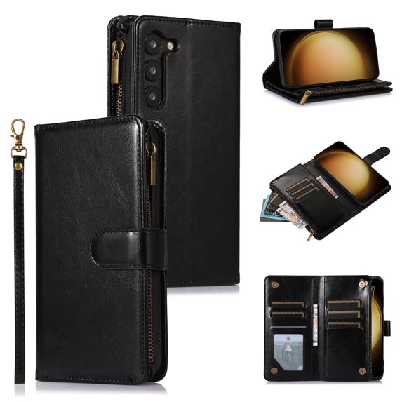Allytechgroup Wallet Case for Samsung Galaxy A56 5G, Zipper Clutch Phone Case with Card Slots, Cash Pocket, Wrist Strap, Kickstand Stand Function, Magnetic Closure Flip Cover,Black