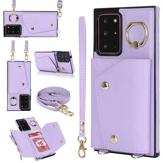 Allytechgroup Wallet Case for Samsung Galaxy Note 20, RFID Blocking Crossbody Shoulder Strap Hand Wrist Cards Holder Ring Stand Bumper Drop Protection Phone Case for Girls Women, Purple