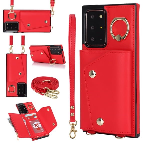Allytechgroup Wallet Case for Samsung Galaxy Note 20, RFID Blocking Crossbody Shoulder Strap Hand Wrist Cards Holder Ring Stand Bumper Drop Protection Phone Case for Girls Women, Red