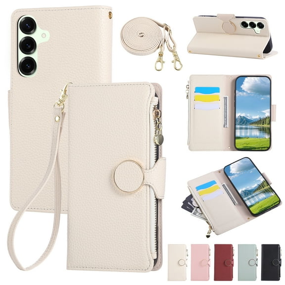Allytechgroup Wallet Case for Samsung Galaxy S21 FE, Zipper Pocket Phone Case with Card Slots, Crossbody Strap, Magnetic Closure Shockproof PU Leather Flip Folio Case for Girls Women, Beige
