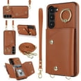 thumbnail image 1 of Allytechgroup Wallet Case for Samsung Galaxy S21, RFID Blocking Crossbody Shoulder Strap Hand Wrist Cards Holder Ring Stand Bumper Drop Protection Phone Case for Girls Women, Brown, 1 of 9