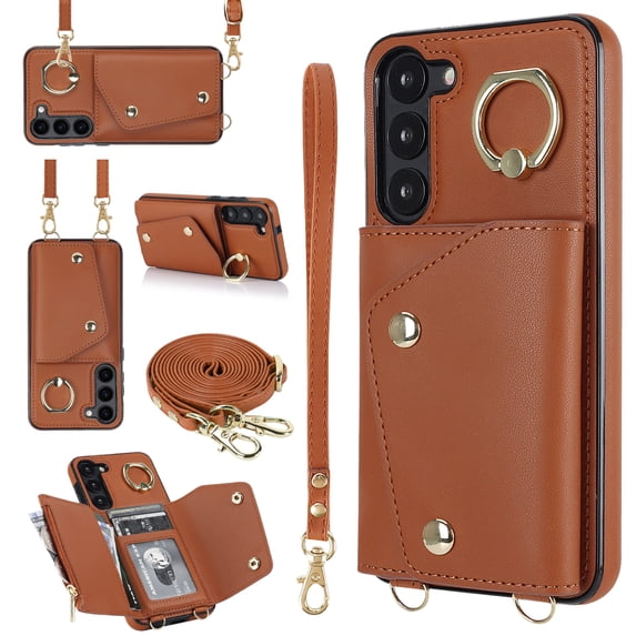 Allytechgroup Wallet Case for Samsung Galaxy S21, RFID Blocking Crossbody Shoulder Strap Hand Wrist Cards Holder Ring Stand Bumper Drop Protection Phone Case for Girls Women, Brown