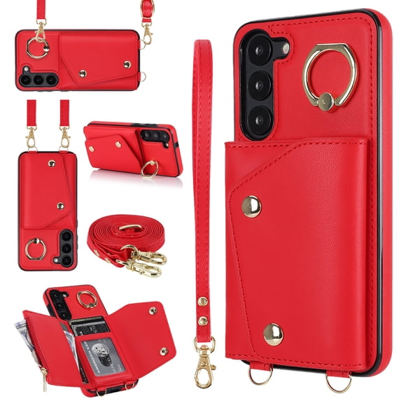 Allytechgroup Wallet Case for Samsung Galaxy S21, RFID Blocking Crossbody Shoulder Strap Hand Wrist Cards Holder Ring Stand Bumper Drop Protection Phone Case for Girls Women, Red