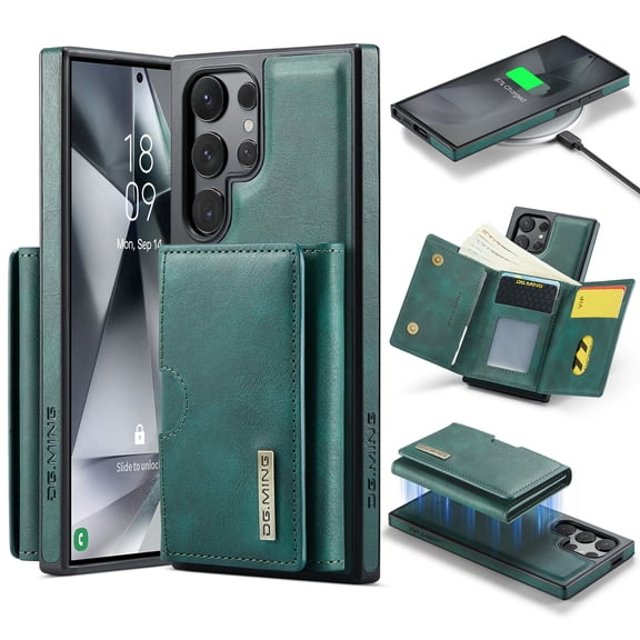 Allytechgroup Wallet Case for Samsung Galaxy S21 Ultra, PU Leather Wallet Case with Detachable Cards Holder Kickstand Support Wireless Charging Shockproof Protective Bumper for Women Men, Green