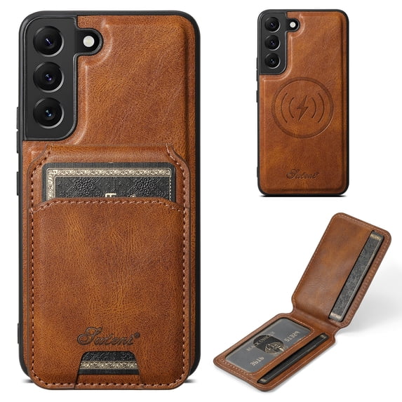 Allytechgroup Wallet Case for Samsung Galaxy S22 Compatible with MagSafe Detachable Pocket Wallet Magnetic Card Bag PU Leather Case with Kickstand Credit Card Slots Wireless Charging - Brown