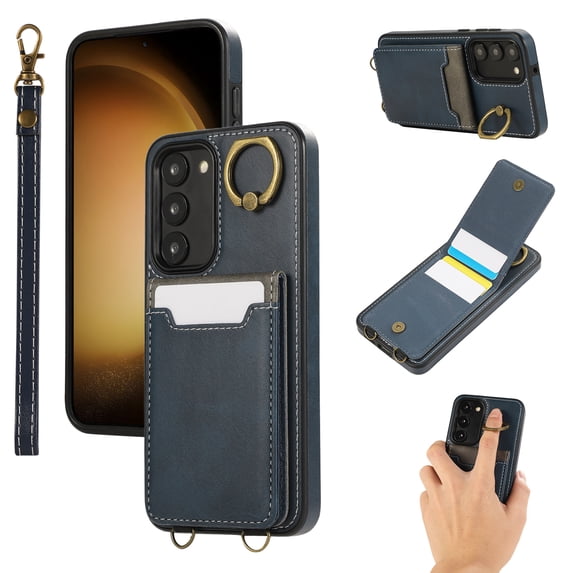 Allytechgroup Wallet Case for Samsung Galaxy S22 with Credit Card Slot, RFID Blocking PU Leather Flip Case with Lanyard & Kickstand Shockproof and Anti-Scratch Bumper for Women Girls, Blue