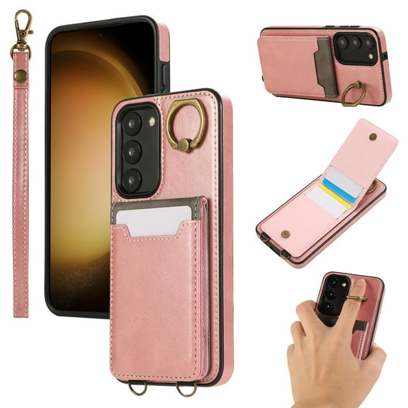 Allytechgroup Wallet Case for Samsung Galaxy S22 with Credit Card Slot, RFID Blocking PU Leather Flip Case with Lanyard & Kickstand Shockproof and Anti-Scratch Bumper for Women Girls, Pink