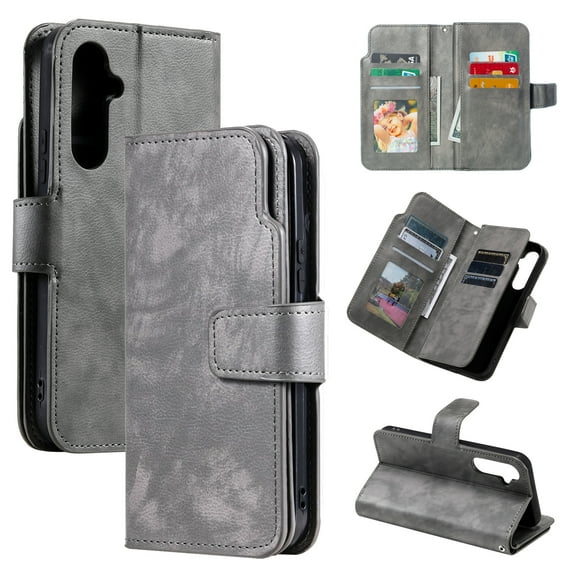 Allytechgroup Wallet Case for Samsung Galaxy S22 Plus, 9 Cards Slots Flip Stand RFID Blocking Bumper Shockproof Vintage PU Leather Phone Case Cover for Galaxy S22 Plus, Gray