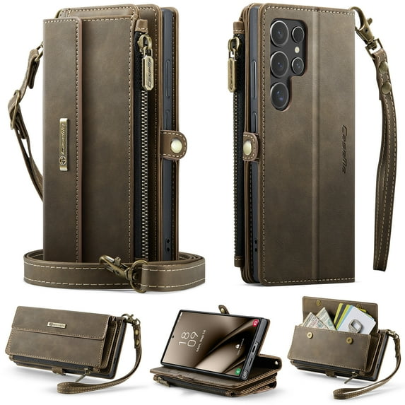 Allytechgroup Wallet Case for Samsung Galaxy S22 Ultra with Credit Card Slot, RFID Blocking PU Leather Flip Case with Shoulder Strap Wrist Strap Compatible with MagSafe Shockproof Cover, Coffee