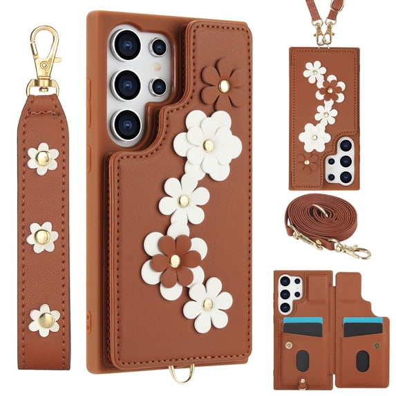 Allytechgroup Wallet Case for Samsung Galaxy S22 Ultra, Floral Series with Crossbody Shoulder Strap + Hand Wrist Cards Holder Shockproof Drop Proof Protective Case Cover for Galaxy S22 Ultra, Brown