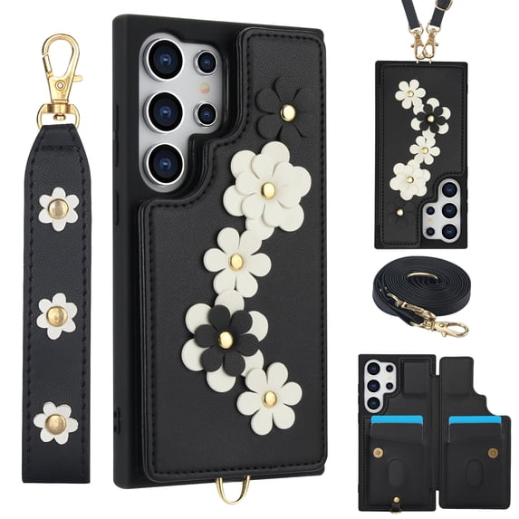 Allytechgroup Wallet Case for Samsung Galaxy S22 Ultra, Floral Series with Crossbody Shoulder Strap + Hand Wrist Cards Holder Shockproof Drop Proof Protective Case Cover for Galaxy S22 Ultra, Black