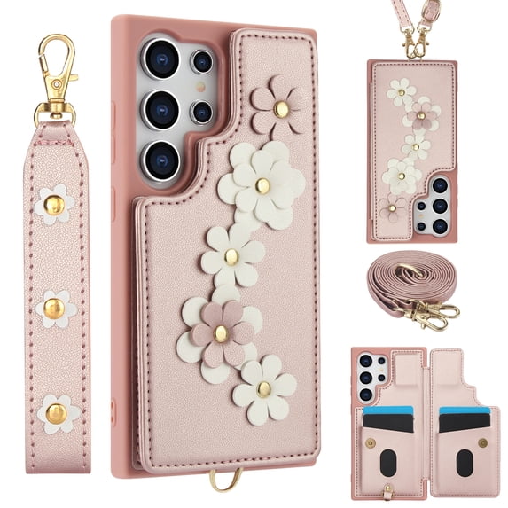 Allytechgroup Wallet Case for Samsung Galaxy S22 Ultra, Floral Series with Crossbody Shoulder Strap + Hand Wrist Cards Holder Shockproof Drop Proof Protective Case Cover for Galaxy S22 Ultra, Rosegold