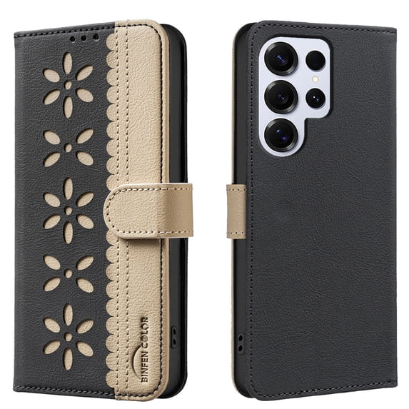 Allytechgroup Wallet Case for Samsung Galaxy S22 Ultra, PU Leather Case with Credit Card Slot Magnetic Closure Floral Cutout Shockproof Protective Back Cover for Samsung Galaxy S22 Ultra, Black