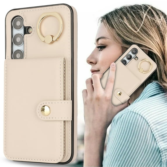 Allytechgroup Wallet Case for Samsung Galaxy S23 FE with Card Slots, RFID Blocking Ring Holder Kickstand Bumper Anti-Scratch Slim Phone Case Cover for Galaxy S23 FE, White