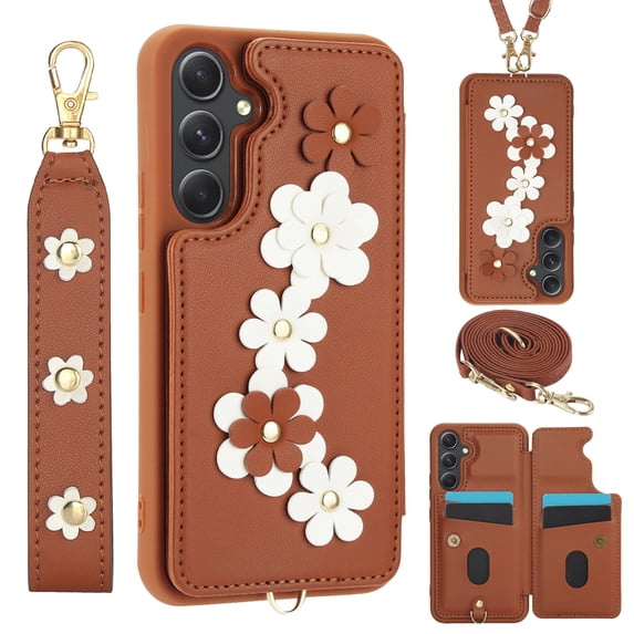 Allytechgroup Wallet Case for Samsung Galaxy S23 FE, Floral Series with Crossbody Shoulder Strap + Hand Wrist Cards Holder Shockproof Drop Proof Protective Case Cover for Galaxy S23 FE, Brown