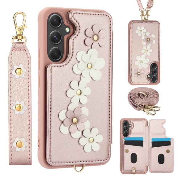 Allytechgroup Wallet Case for Samsung Galaxy S23 Plus, Floral Series with Crossbody Shoulder Strap + Hand Wrist Cards Holder Shockproof Drop Proof Protective Case Cover for Galaxy S23 Plus, Rosegold