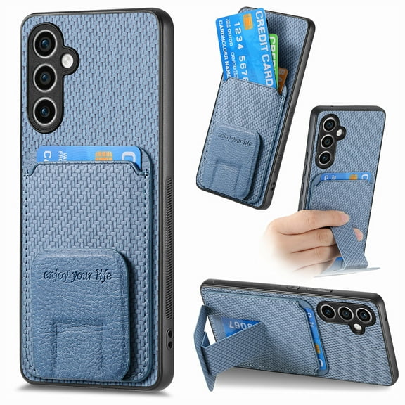 Allytechgroup Wallet Case for Samsung Galaxy S23, Premium PU Leather Carbon Fiber Texture Back Cover with Cards Holder Kickstand Phone Case for Women Men, Blue