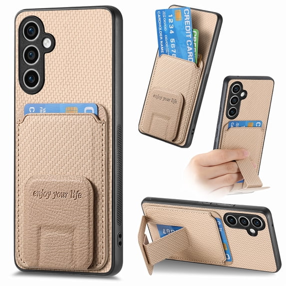 Allytechgroup Wallet Case for Samsung Galaxy S23, Premium PU Leather Carbon Fiber Texture Back Cover with Cards Holder Kickstand Phone Case for Women Men, Khaki