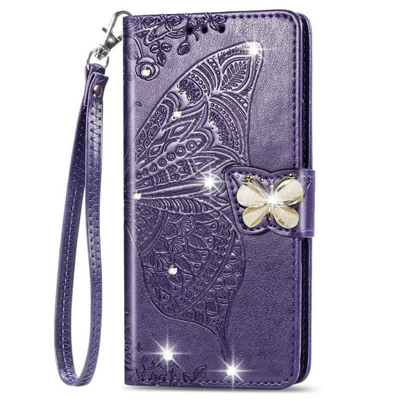 Allytechgroup Wallet Case for Samsung Galaxy S24, Bling Sparkly Diamond PU Leather Phone Case with Credit Card Slot Wirst Strap Support Wireless Charging Shockproof Bumper, Purple