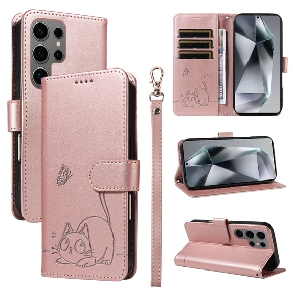 Allytechgroup Wallet Case for Samsung Galaxy S24, Built-in Wrist Strap & Card Pocket & Cash Slot PU Leather Stand Phone Shell Shockproof Protective Full Body Cover for Women Girls, Rosegold