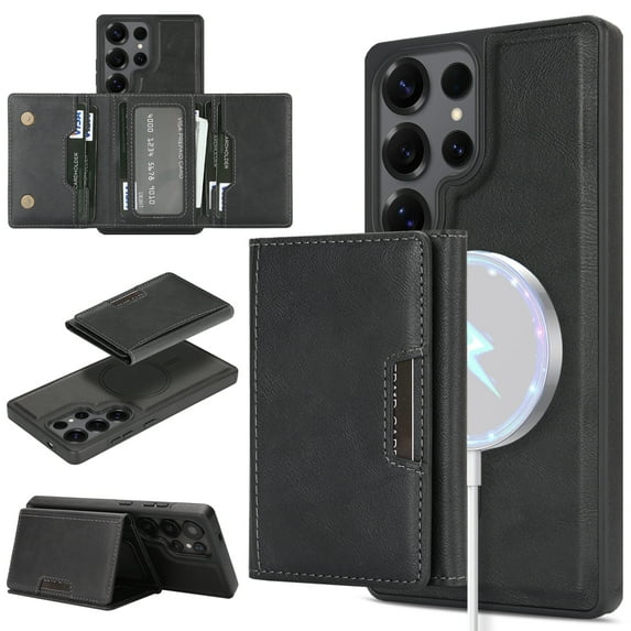 Allytechgroup Wallet Case for Samsung Galaxy S24+ with Detachable Cards Holder, Compatible with Mag-safe PU Leather Stand Shell Shockproof Protective Magentic Back Cover for Women Men, Black