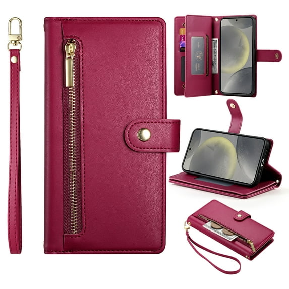 Allytechgroup Wallet Case for Samsung Galaxy S24 FE, 9 Cards Holder + Zipper Pocket + Hand Wrist Shockproof Stand Flip Cover RFID Blocking Phone Case for Women Men, Red