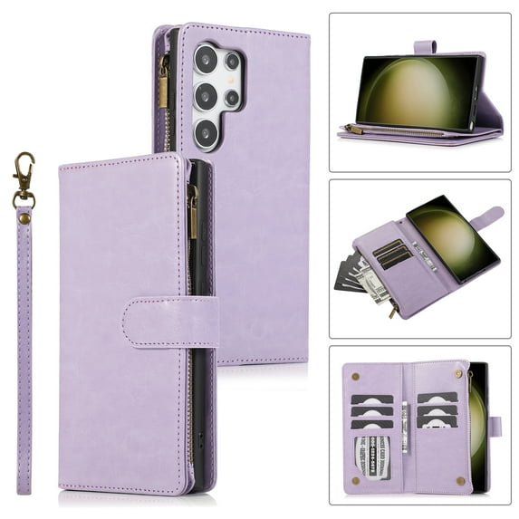 Allytechgroup Wallet Case for Samsung Galaxy S24 FE, Zipper Clutch Phone Case with Card Slots, Cash Pocket, Wrist Strap, Kickstand Stand Function, Magnetic Closure Flip Cover,Lavender