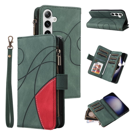 Allytechgroup Wallet Case for Samsung Galaxy S24 FE, with Zipper Pocket Multiple Cards Slots Flip Stand Shockproof Premium PU Leather Hand Wrist Phone Cover for Samsung Galaxy S24 FE, Green
