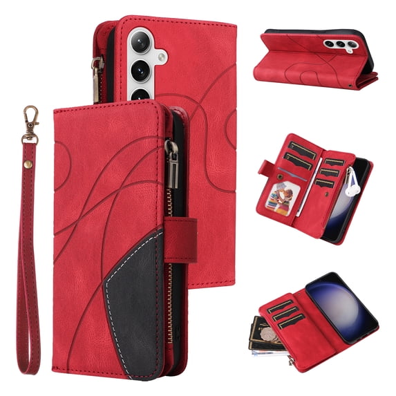 Allytechgroup Wallet Case for Samsung Galaxy S24 FE, with Zipper Pocket Multiple Cards Slots Flip Stand Shockproof Premium PU Leather Hand Wrist Phone Cover for Samsung Galaxy S24 FE, Red