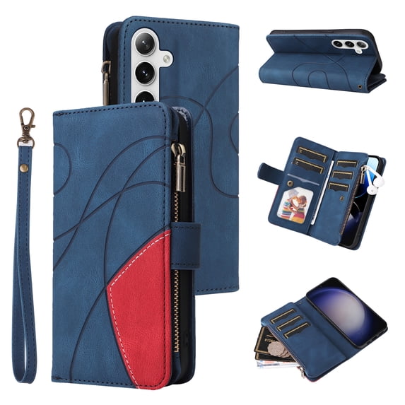 Allytechgroup Wallet Case for Samsung Galaxy S24 FE, with Zipper Pocket Multiple Cards Slots Flip Stand Shockproof Premium PU Leather Hand Wrist Phone Cover for Samsung Galaxy S24 FE, Blue