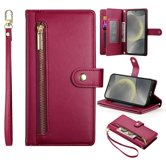 Allytechgroup Wallet Case for Samsung Galaxy S24 Plus, 9 Cards Holder + Zipper Pocket + Hand Wrist Shockproof Stand Flip Cover RFID Blocking Phone Case for Women Men, Red