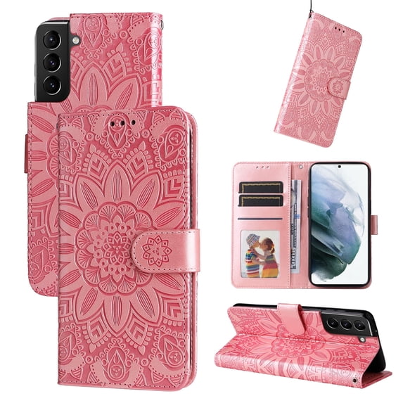 Allytechgroup Wallet Case for Samsung Galaxy S24, Premium PU Leather Sunflower Embossed Flip Cover Hand Wrist Cards Holder Stand Shockproof Phone Case Cover for Galaxy S24, Rosegold