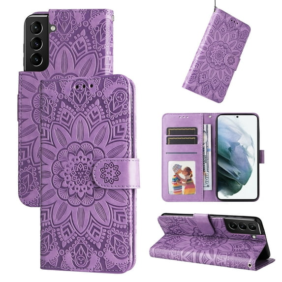 Allytechgroup Wallet Case for Samsung Galaxy S24, Premium PU Leather Sunflower Embossed Flip Cover Hand Wrist Cards Holder Stand Shockproof Phone Case Cover for Galaxy S24, Purple