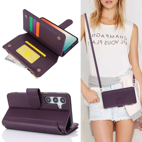 Allytechgroup Wallet Case for Samsung Galaxy S24, RFID Blocking Shoulder Strap Hand Wrist Zipper Pocket Cards Slots Stand Protective Anti-Scratch Galaxy S24 Case for Women Girls,Purple