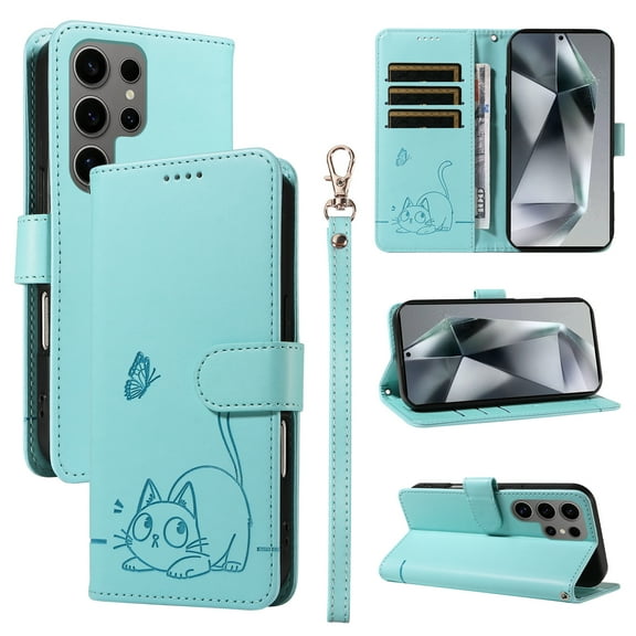 Allytechgroup Wallet Case for Samsung Galaxy S24 Ultra, Built-in Wrist Strap & Card Pocket & Cash Slot PU Leather Stand Phone Shell Shockproof Protective Full Body Cover for Women Girls, Green