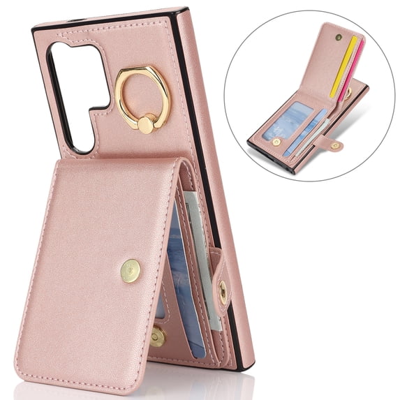 Allytechgroup Wallet Case for Samsung Galaxy S24 Ultra with Card Slots, RFID Blocking Ring Holder Kickstand Bumper Anti-Scratch Slim Phone Case Cover for Galaxy S24 Ultra, Rosegold