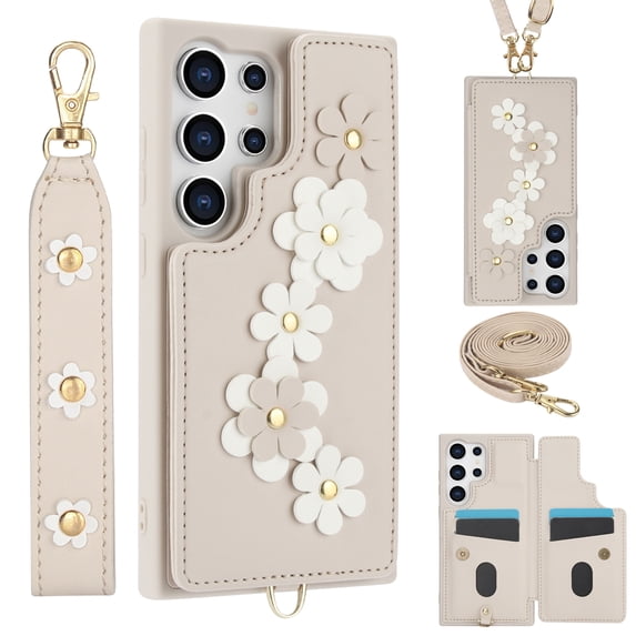 Allytechgroup Wallet Case for Samsung Galaxy S24 Ultra, Floral Series with Crossbody Shoulder Strap + Hand Wrist Cards Holder Shockproof Drop Proof Protective Case Cover for Galaxy S24 Ultra, White