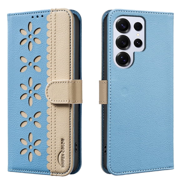 Allytechgroup Wallet Case for Samsung Galaxy S24 Ultra, PU Leather Case with Credit Card Slot Magnetic Closure Floral Cutout Shockproof Protective Back Cover for Samsung Galaxy S24 Ultra, Lightblue