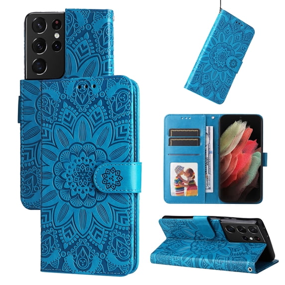 Allytechgroup Wallet Case for Samsung Galaxy S24 Ultra, Premium PU Leather Sunflower Embossed Flip Cover Hand Wrist Cards Holder Stand Shockproof Phone Case Cover for Galaxy S24 Ultra, Blue