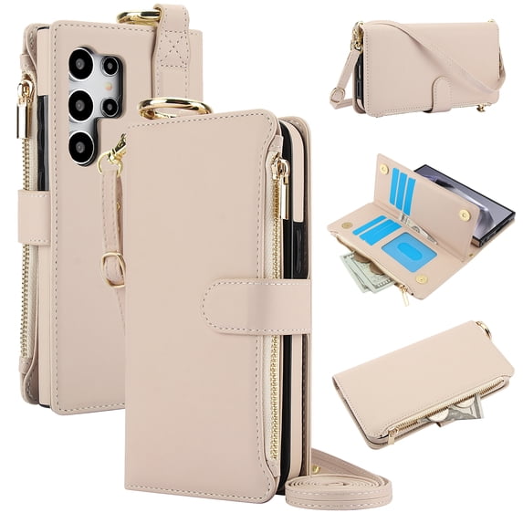 Allytechgroup Wallet Case for Samsung Galaxy S24 Ultra, RFID Blocking Multiple Cards Holder Zipper Pocket Hand Strap Shockproof Stand Phone Case with Crossbody Lanyard for Women Girls, White