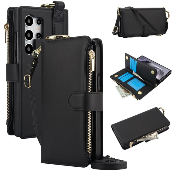 Allytechgroup Wallet Case for Samsung Galaxy S24 Ultra, RFID Blocking Multiple Cards Holder Zipper Pocket Hand Strap Shockproof Stand Phone Case with Crossbody Lanyard for Women Girls, Black