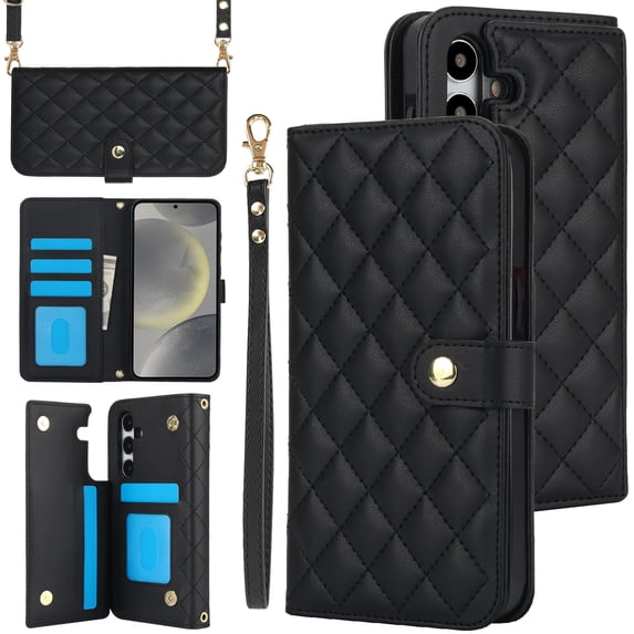 Allytechgroup Wallet Case for Samsung Galaxy S25 with Credit Card Slot, RFID Blocking PU Leather Case with Lanyard & Shoulder Strap & Kickstand Shockproof Bumper for Women Men, Black