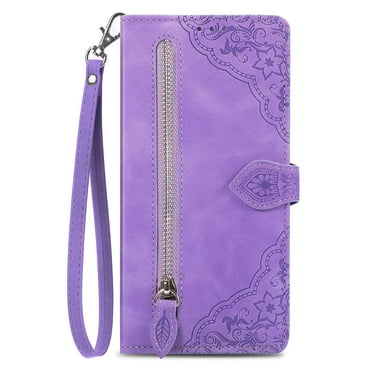 Allytechgroup Wallet Case for Samsung Galaxy S25 Edge, Embossed Luxury PU Leather Case with Kickstand & Card Slots, Slim Zipper Pocket Detachable Wrist Strap Magnetic Clasp Anti-Drop Case, Purple