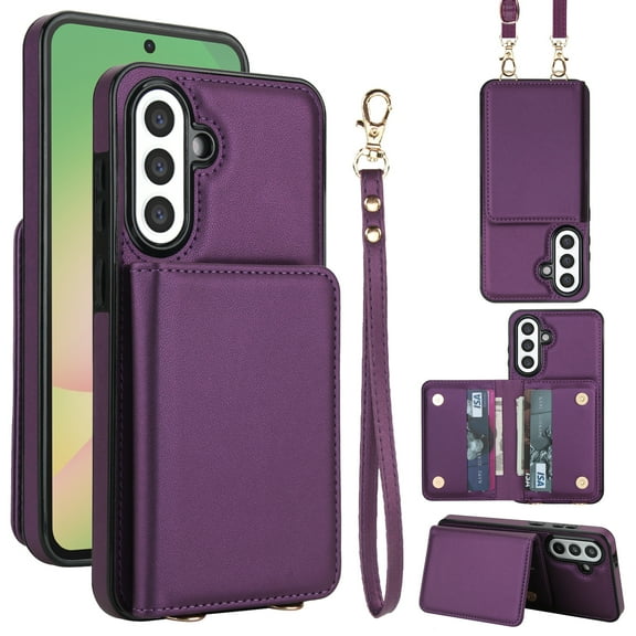 Allytechgroup Wallet Case for Samsung Galaxy S25 FE, Built-in Card Holder & Shoulder Strap & Wrist Strap Slim Shockproof Protective Full Body Cover Bumper for Samsung Galaxy S25 FE, Deeppurple