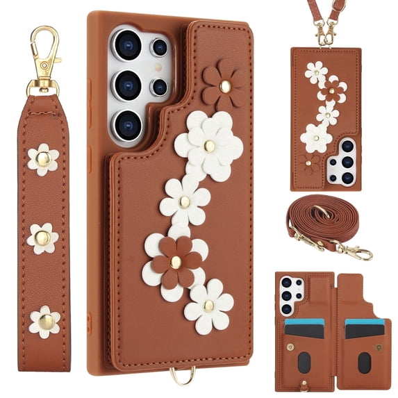 Allytechgroup Wallet Case for Samsung Galaxy S25+, Floral Series with Crossbody Shoulder Strap + Hand Wrist Cards Holder Shockproof Drop Proof Protective Case Cover for Samsung Galaxy S25+, Brown
