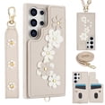 thumbnail image 1 of Allytechgroup Wallet Case for Samsung Galaxy S25+, Floral Series with Crossbody Shoulder Strap + Hand Wrist Cards Holder Shockproof Drop Proof Protective Case Cover for Samsung Galaxy S25+, White, 1 of 9