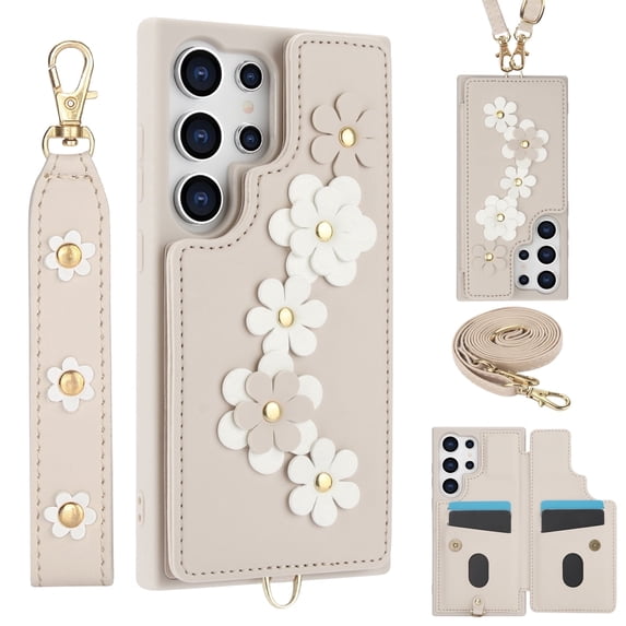 Allytechgroup Wallet Case for Samsung Galaxy S25+, Floral Series with Crossbody Shoulder Strap + Hand Wrist Cards Holder Shockproof Drop Proof Protective Case Cover for Samsung Galaxy S25+, White