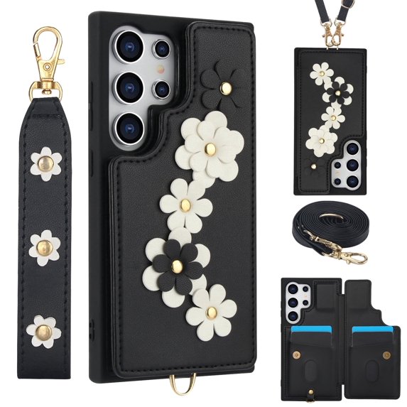 Allytechgroup Wallet Case for Samsung Galaxy S25+, Floral Series with Crossbody Shoulder Strap + Hand Wrist Cards Holder Shockproof Drop Proof Protective Case Cover for Samsung Galaxy S25+, Black